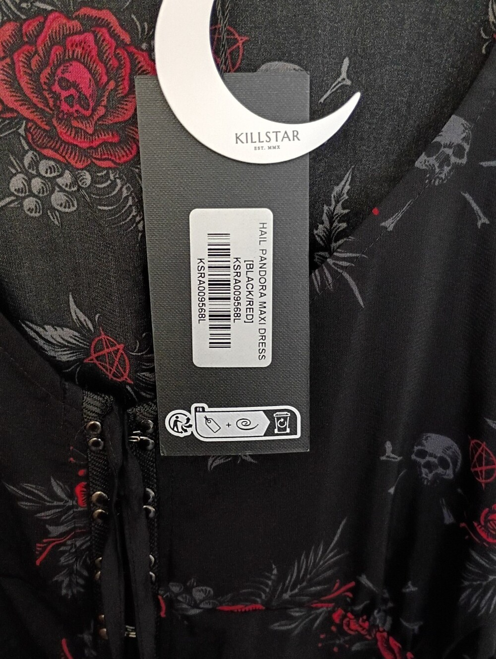 Killstar Hail Pandora Maxi Dress Black Red Skull Pentagram Goth Size Large NWT - Picture 13 of 16